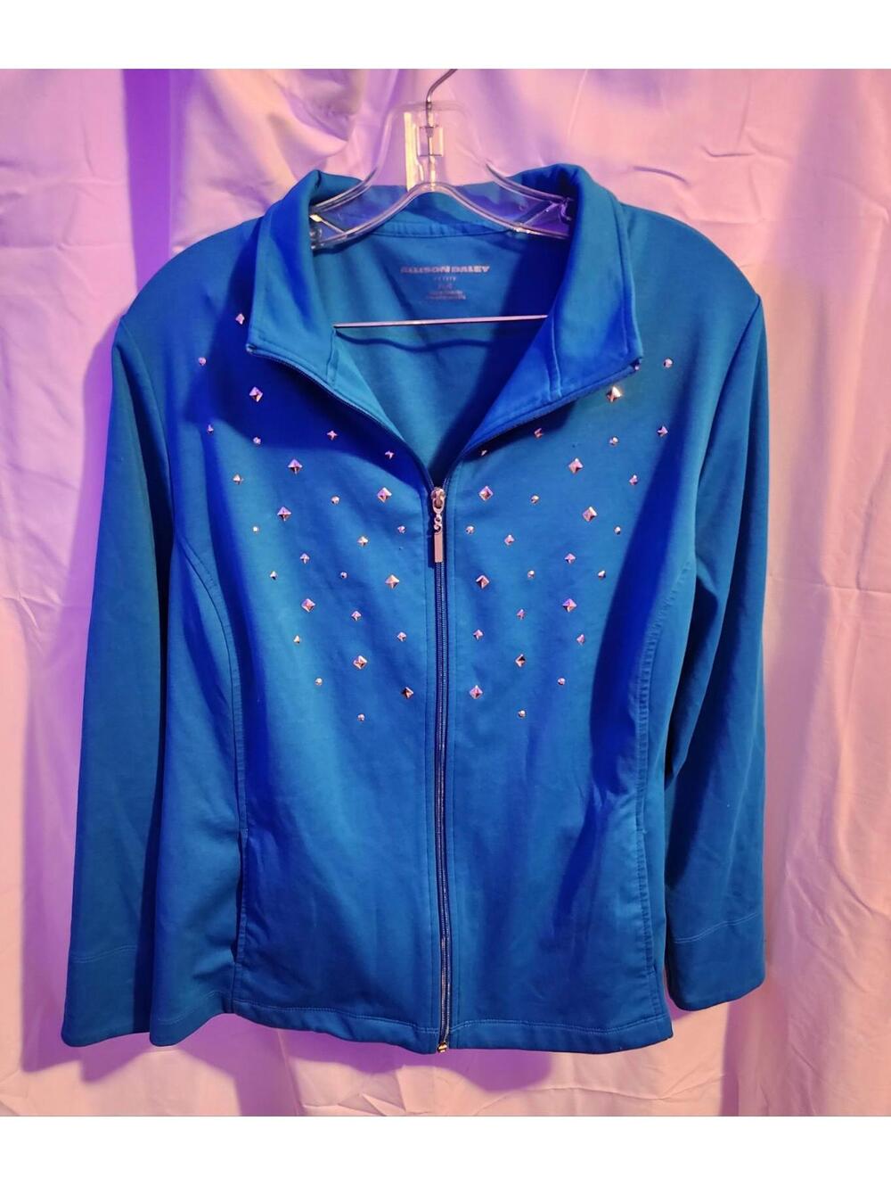 Allison Daley blue zip up jacket with silver rhinestone studs. Size petite large